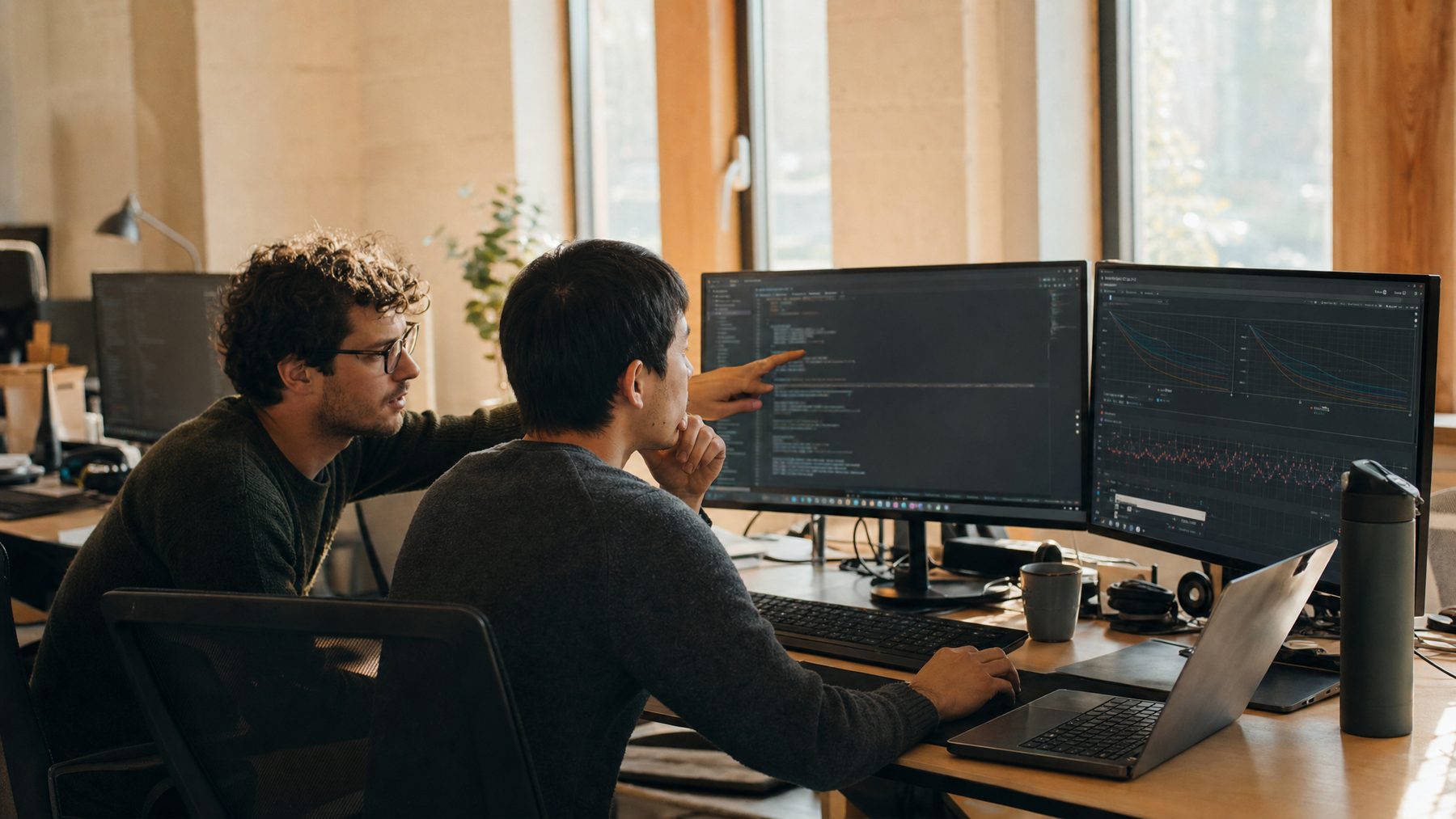 Engineers collaborating at a shared workstation